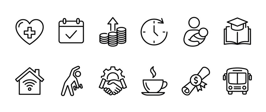Collection of thin line icons illustrating corporate perks and employee benefits such as healthcare, remote work, education, financial bonuses, and flexible work hours