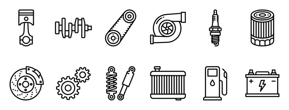 Car parts and automotive service icons set featuring a piston, crankshaft, turbocharger, brake disc, and battery, all rendered in a clean, minimalist black line art style
