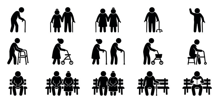 Black stick figure icons of elderly people showing seniors walking with canes and walkers, sitting on a bench, reading a book, and standing together in a simple pictogram collection