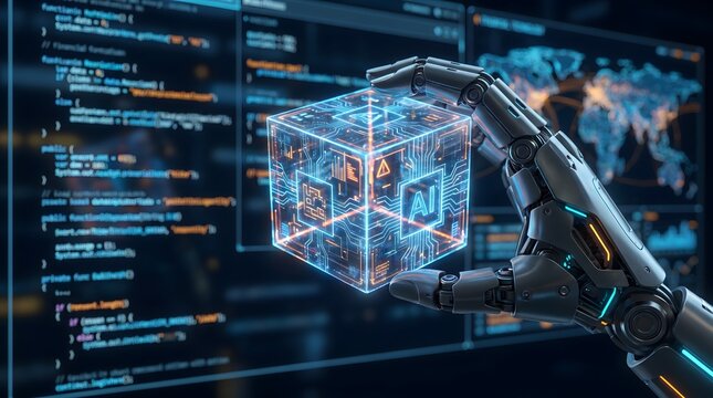 Robotic hand holding glowing AI cube with circuit patterns