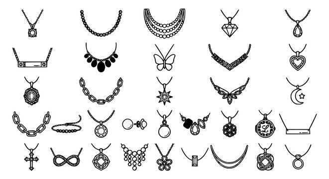 Diamond necklace vector icon collection with elegant jewelry illustrations