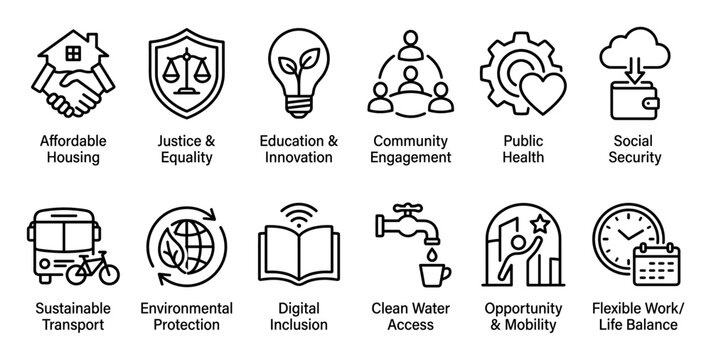 Social responsibility and community welfare line icons showing concepts like justice, education, sustainability, public health, and affordable housing in a minimalist art style