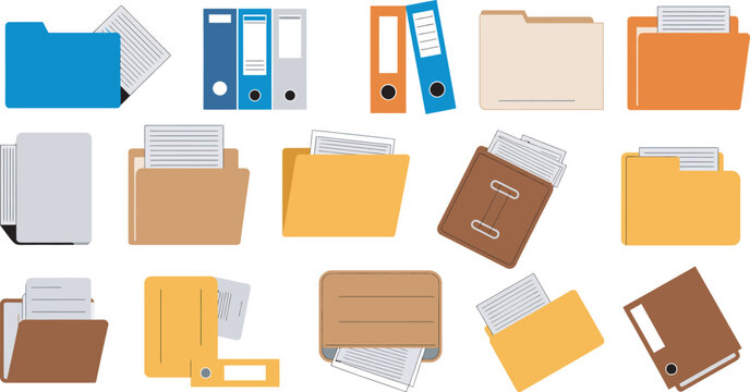 Office, file folder and ring binder set featuring documents and archive organization in clean flat vector illustration style ideal for document management systems, business workflow