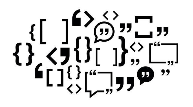 Diverse collection of black punctuation marks, including various styles of quotes, brackets, and braces, forms a graphic composition symbolizing communication and coding