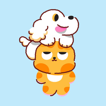 Funny cartoon orange cat and white puppy vector illustration. Cute grumpy cat carrying a playful dog on its head in kawaii doodle style.