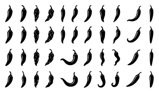 Minimal chili pepper silhouette icon collection with various fresh and dried pepper shapes vector illustration on white background