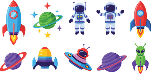 Cute Cartoon Space Icon Set with Astronauts, Rockets, Planets, UFO and Alien Characters for Kids, Science, Galaxy, and Outer Space Theme Designs © MdSoleman