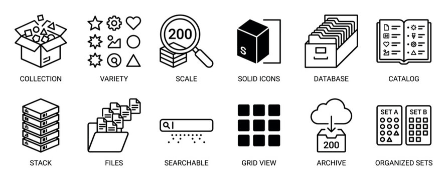 Set of black line icons representing data organization, collection, and database management concepts like variety, scale, catalog, and searchable files in a minimalist vector style