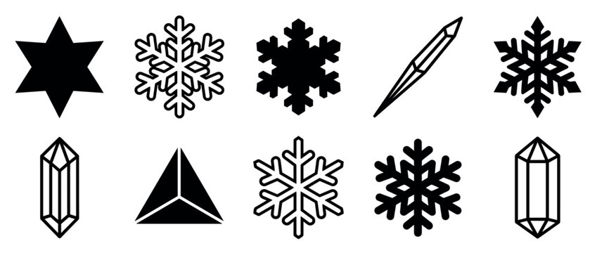 Collection of black geometric icons featuring various snowflakes, faceted crystals, and a six-pointed star in a simple minimalist vector style for graphic design
