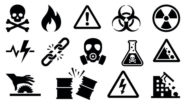 Collection of black hazard warning icons representing various dangers like poison, fire, radiation, biohazard, and electrical shock in a simple graphic pictogram set