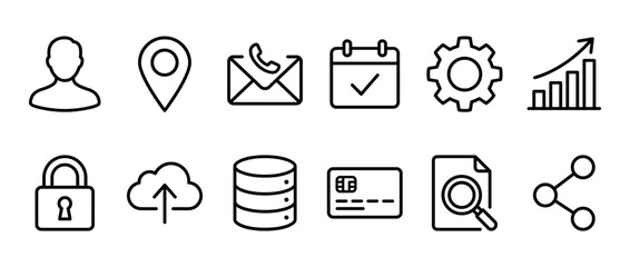 Fototapeta premium Set of twelve universal business icons in a minimalist line art style, featuring symbols for user, location, security, data, payment, and digital communication concepts