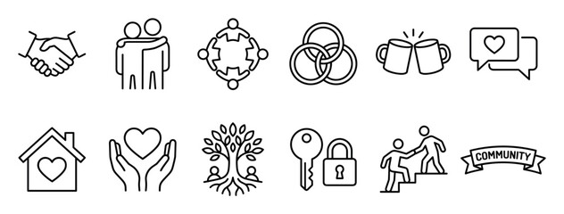 Fototapeta premium Set of black line art icons representing community, friendship, teamwork, and love, including symbols for handshake, support, unity, family, and charity in a clean minimalist style