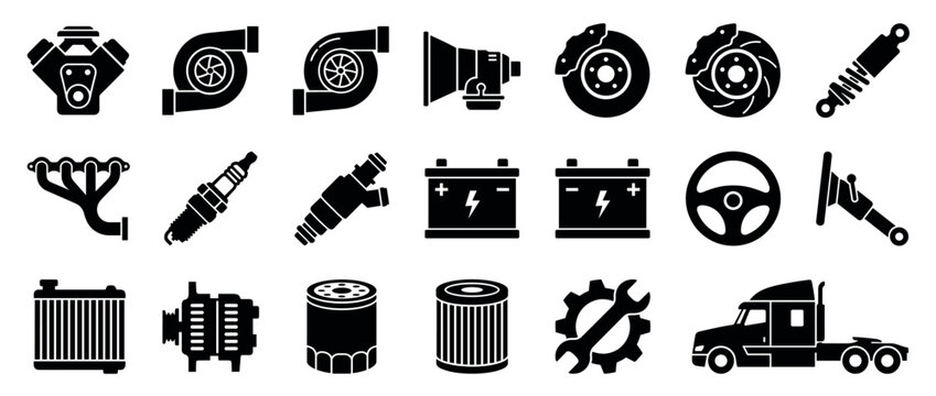 Large collection of black car parts icons showing an engine, turbo, brake, battery, spark plug, and truck, representing an automotive glyph set for vehicle service and repair