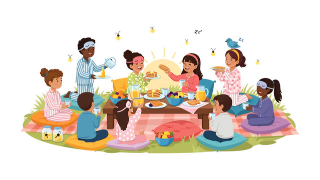 Sleepover Celebration: A group of diverse children in pajamas enjoys a delightful picnic under a warm, sunny sky, sharing food and laughter with fireflies dancing around them.