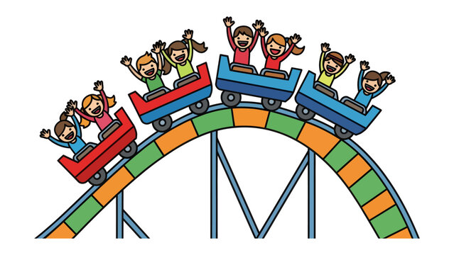 Roller Coaster Thrill: A vibrant cartoon illustration depicts children with wide smiles and raised arms enjoying an exhilarating ride on a colorful roller coaster.