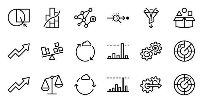 Set of black line icons representing data analysis, business intelligence, and process management with symbols for charts, funnels, gears, and graphs in a minimalist vector style