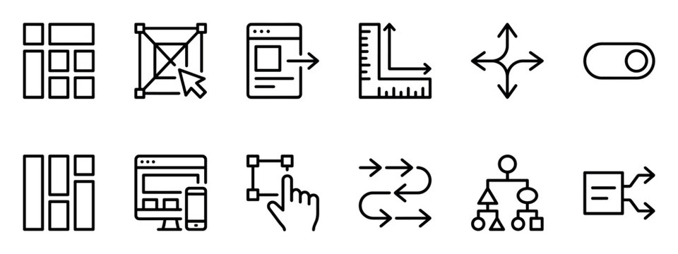 Set of black line icons for user interface and experience design representing concepts like layout, workflow, navigation, and responsive development in a minimalist style