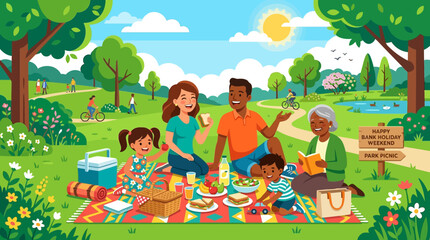 Obraz premium A cartoon family enjoying a picnic on a colorful blanket in a park on a sunny day with trees and flowers