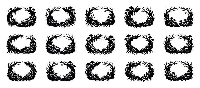 Collection of black silhouette forest frames made from twisted branches, roots, moss, and mushrooms in a whimsical, fairytale style for decorative design elements