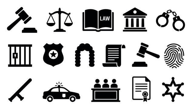 Collection of black law and justice icons representing the legal system, including a gavel, scales, courthouse, handcuffs, police badge, and jail cell in a flat vector style