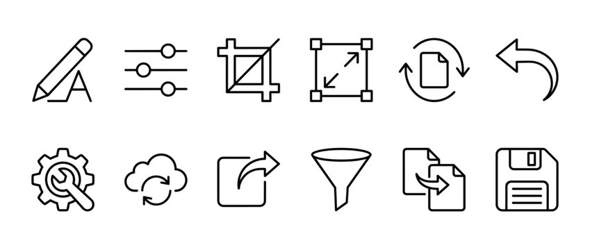 Set of black line icons for user interface design, including symbols for editing, cropping, saving, sharing, and settings, presented in a clean and minimalist linear style