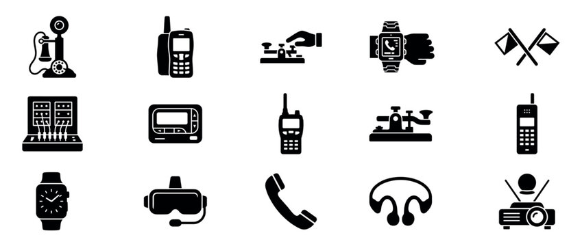 Collection of black communication technology icons showing the evolution from vintage to modern devices like a telegraph, pager, walkie-talkie, smartwatch, and VR headset