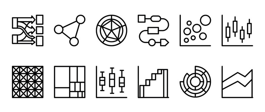 Set of twelve data visualization icons rendered in a clean black line art style, showcasing various charts, graphs, and diagrams for business intelligence and statistical analysis