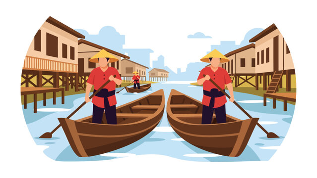 Floating Village Life: Two men in traditional conical hats navigate wooden boats through a tranquil canal lined with stilted houses, depicting a serene daily life in a water village scene.