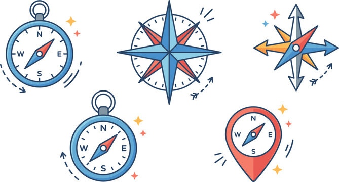 Vintage Compass Vector Icon Set with Nautical Wind Rose Navigation Arrow and Location Pin Elements for Travel Map and Adventure Designs