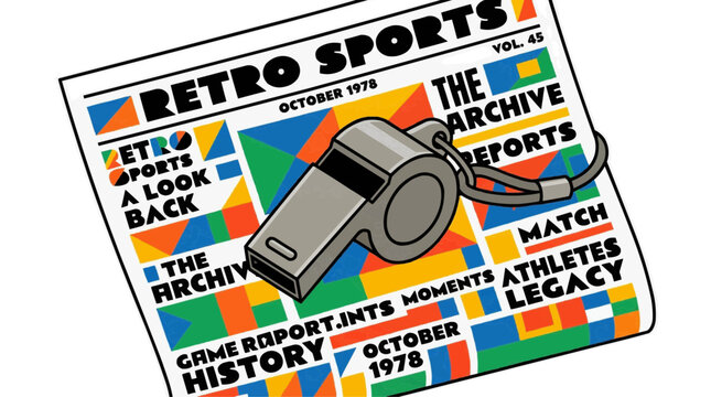 Retro sports newspaper clipping with whistle and colorful geometric background