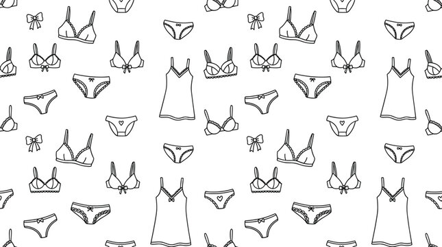 Lingerie Seamless Pattern with Hand Drawn Women Underwear Bra Panties and Nightgown Doodle Icons for Fashion Textile and Wrapping Paper Designs