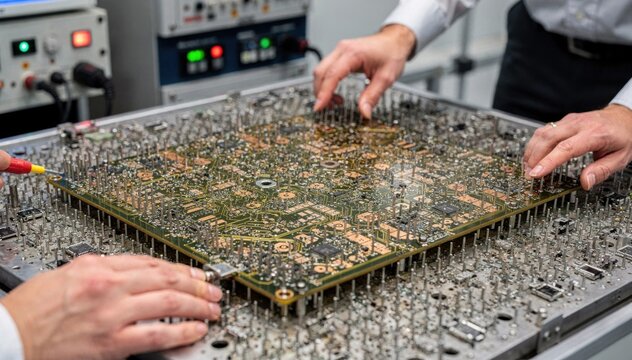 Closeup medium shot of engineers using a bedofnails fixture for automated electrical bare board testing ensuring all circuits are properly connected.