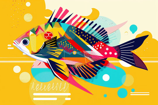 Colorful abstract fish illustration with geometric patterns