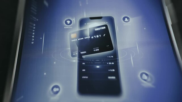 Futuristic banking application UI with security features including biometric authentication methods