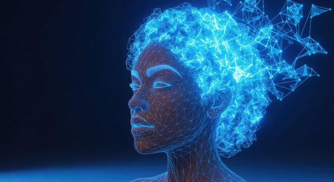 A blue pixelated image of a woman's face illustration