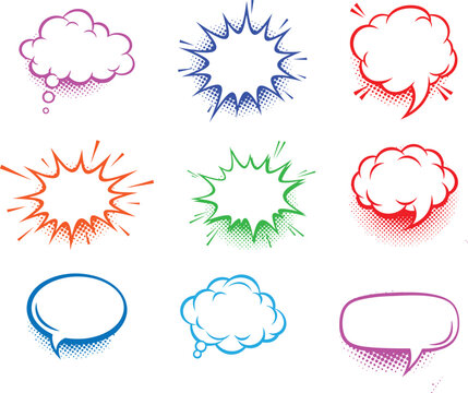 Colorful comic book style speech bubbles and explosion effects