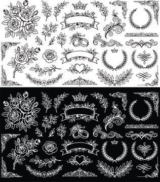 Vintage floral wedding ornament vector elements with roses laurels and banners
