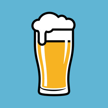 Minimalist Flat Vector Illustration of a Cold Glass of Beer with White Foam on a Blue Background