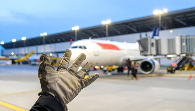 A gloved hand waves goodbye to a departing airplane at the airport terminal.