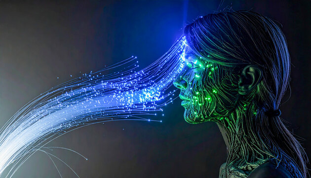 Intricate luminous fiber optic cables weave through a dark space symbolizing the complex neural networks of an autonomous digital assistant.