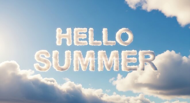 Hello summer text formed by fluffy white clouds in a blue sky