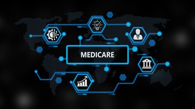 Medicare Return on investment financial growth concept. Business, Technology, Internet and network concept. ,Abstract technology symbols on world background. 4k video