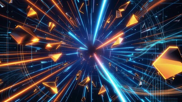 Dynamic abstract image showcasing vibrant blue and orange light rays, creating a sense of energy and motion.