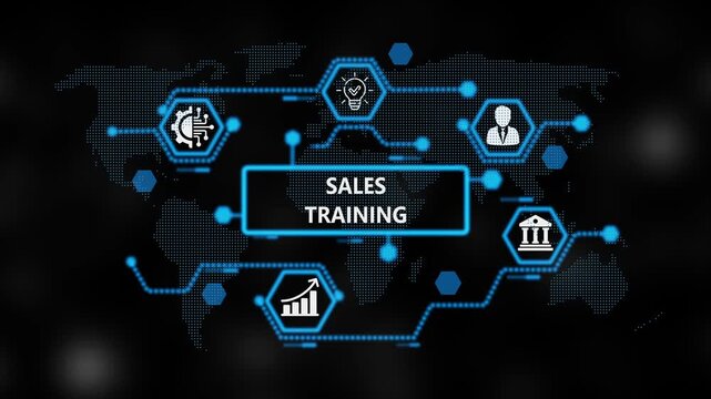 Sales Training Return on investment financial growth concept. Business, Technology, Internet and network concept. ,Abstract technology symbols on world background. 4k video