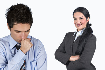 Fototapeta premium Man looks down, appearing stressed or worried