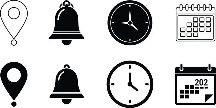 black and white icons of clocks and calendars