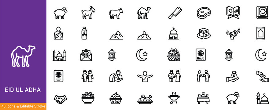 Eid ul adha icons and symbols for muslim celebrations