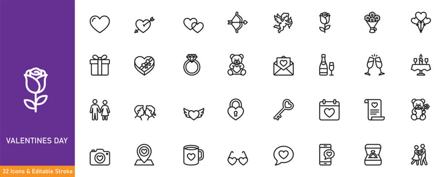 Valentine's day icons set with editable stroke