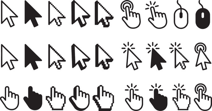 A collection of various computer mouse pointer cursors and hand icons for digital navigation and interaction