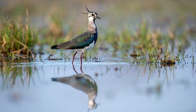 Northern Lapwing Bird Standing in Shallow Water with Reflection Wildlife Nature Outdoors